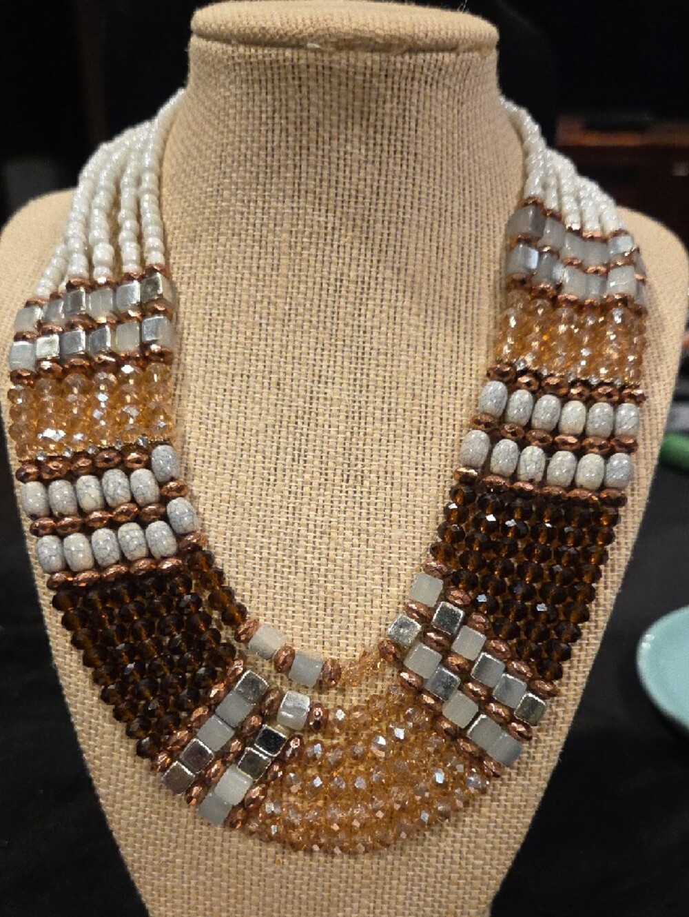 Handcrafted Multi-Strand Beaded Necklace in Rose Gold and White - Picture 2 of 6